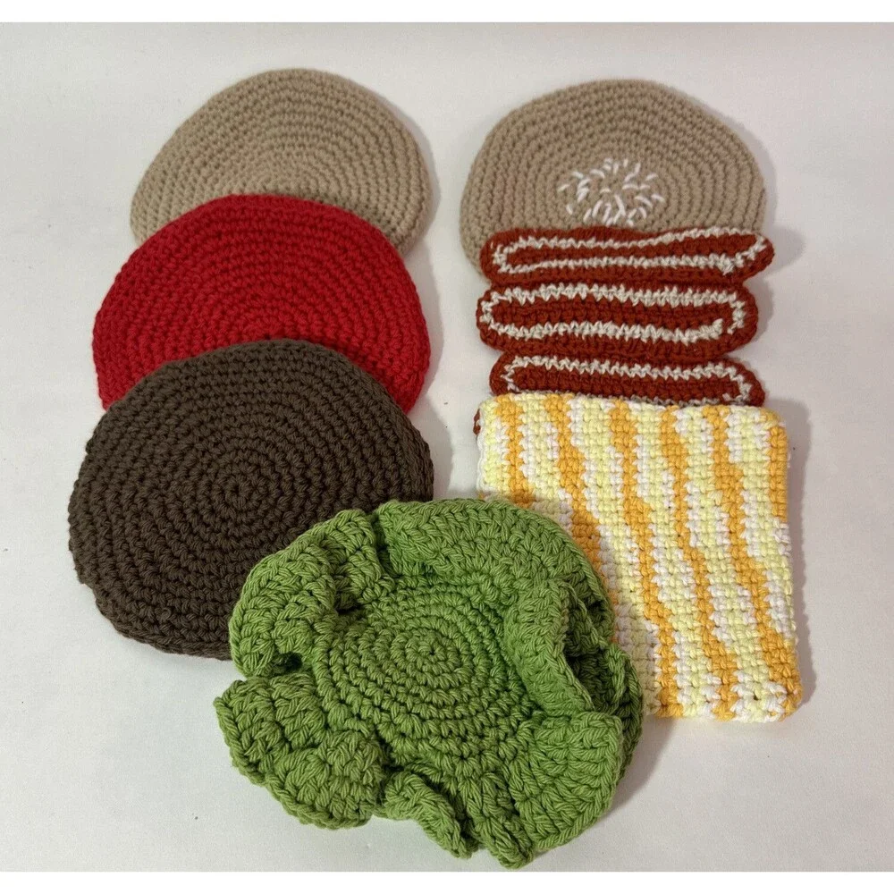 Lot of 7 Crochet Trivets that form a bacon cheeseburger, lettuce, tomato, bun